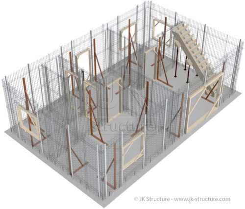 Setting up the load bearing steel structures made of panels and beams and preparing the openings